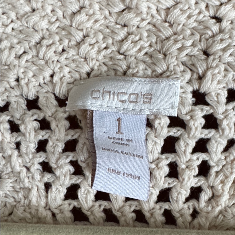 Chico's Beige Cream Fringed Open-Knit Crochet Cardigan 1 M Medium - Picture 3 of 3